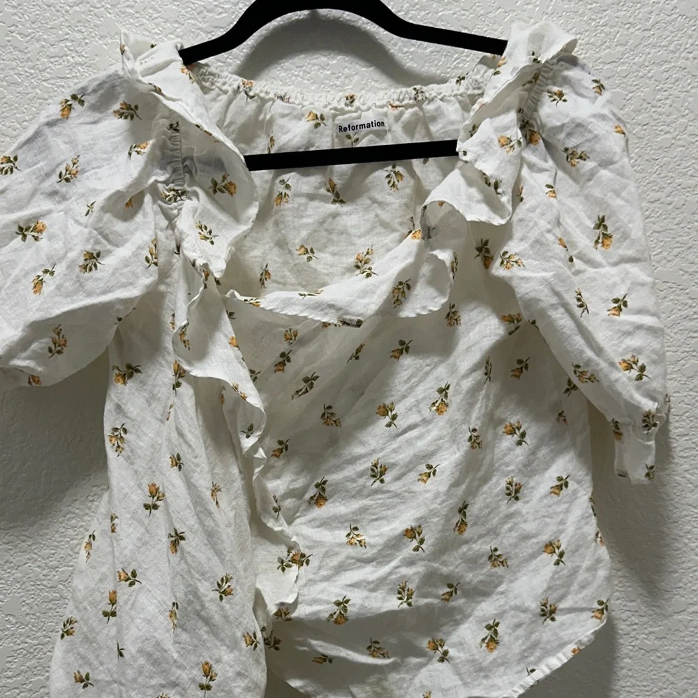 Reformation Off-Shoulder White Wrap Top with Yellow Floral Print